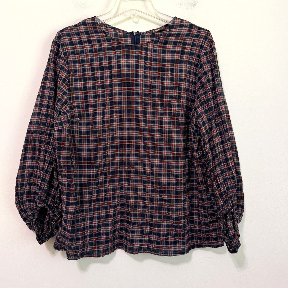 J Mclaughlin Top L Blair Tartan Plaid Blouse Seersucker 3/4 Balloon Sleeve Shirt